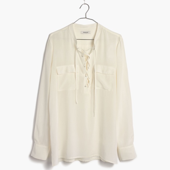 Madewell Silk Lace Up Blouse in Ivory Off-White - Picture 2 of 16